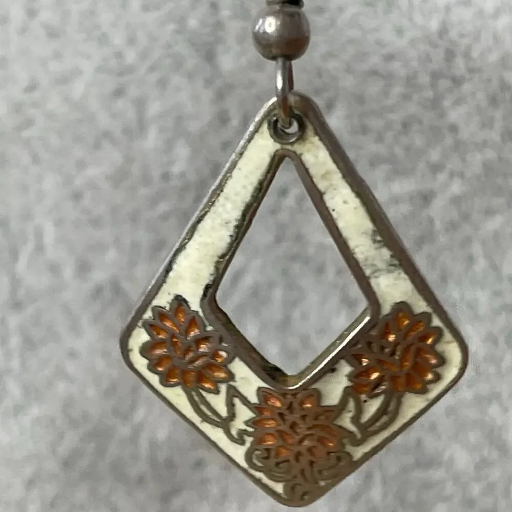 Vintage drop earrings orange peach flower diamond cloisonné